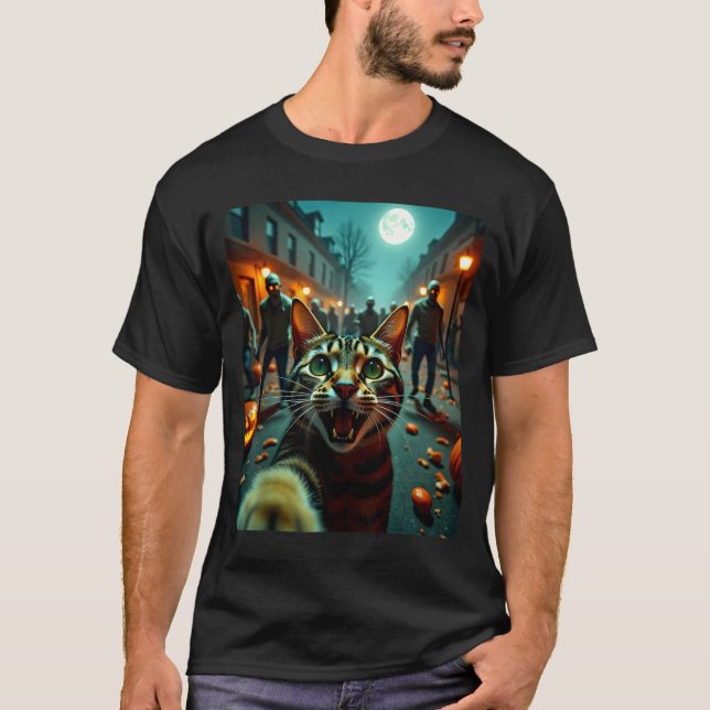 T-shirt Funny Cat Selfie Halloween Zombies Humor  (Devant)