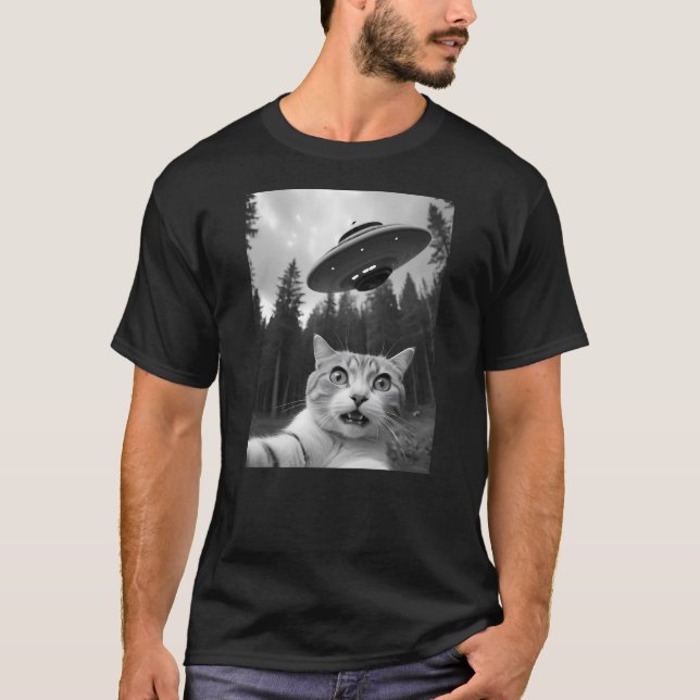T-shirt Funny Cat Selfie with UFO Alien (Devant)