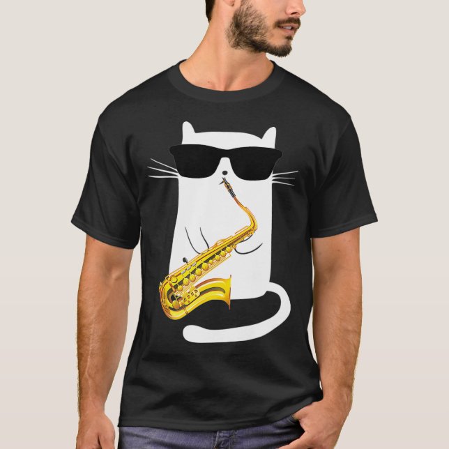 T-shirt Funny Cat Wearing Sunglasses Playing Saxophone (Devant)