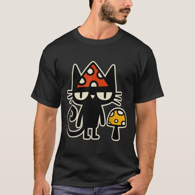 T-shirt Funny Cat With Mushroom Hat Black Cat With Toadsto (Devant)