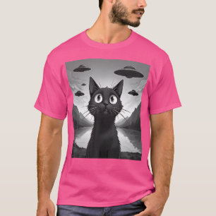 T-shirt Funny Chat Noir Selfie Avec Aliens Ufos Chat Bizar