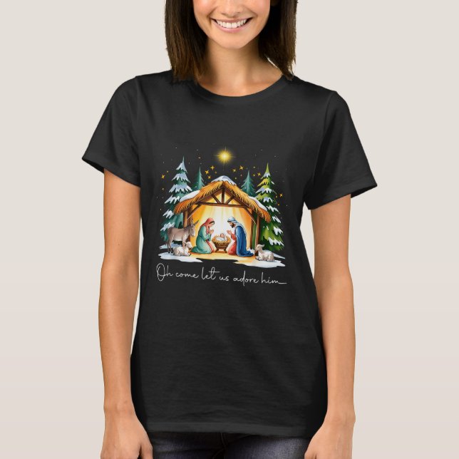 T-shirt Funny Christian Christmas Jesus Oh Come Let Us Ado (Devant)