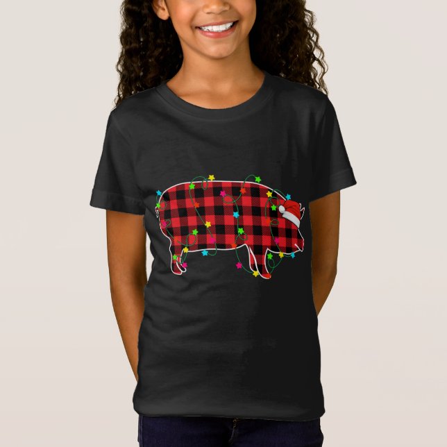 T-Shirt Funny Cochon Arbre de Noël Rouge Plaid Animaux Lo (Devant)