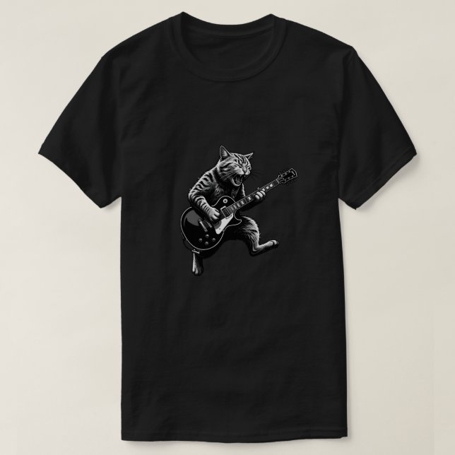T-shirt Funny Cool Music Cat Playing Electric Guitar  (Design devant)