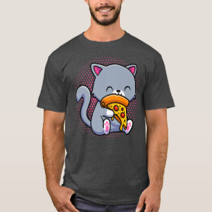 T-shirt Funny Cute Cats mange pizza Kawaii Anime Japonaise