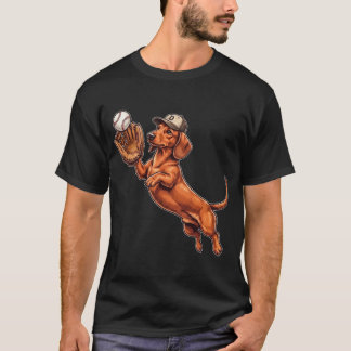 T-shirt Funny Cute Dachshund Playing Baseball Dog Catcher 