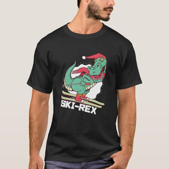 T-shirt Funny Dino Ski Rex Skiing Cadeau de Noël (Devant)