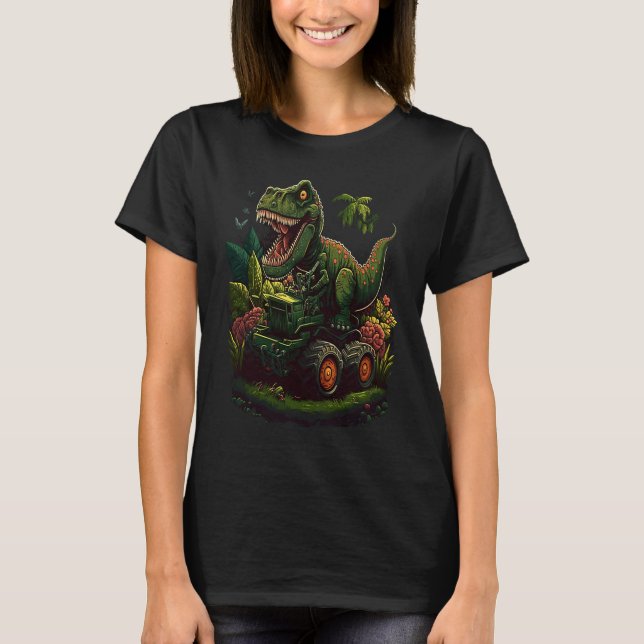 T-shirt Funny Dinosaur Taking Monster Truck Joyride (Devant)