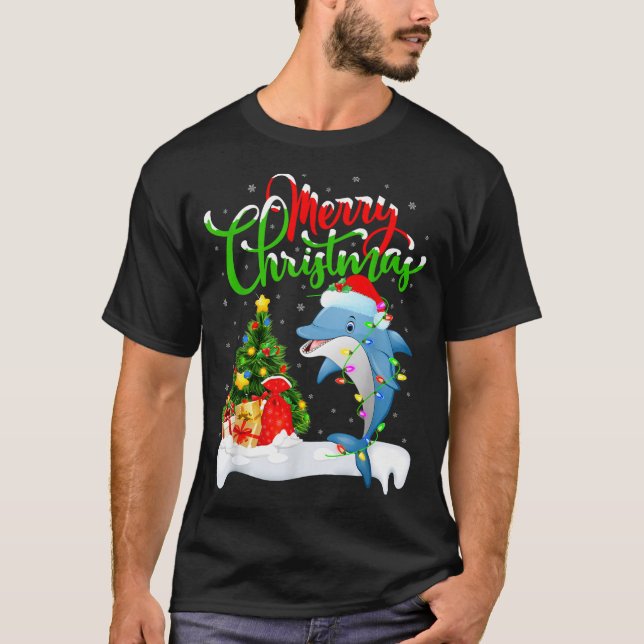 T-shirt Funny Dolphin Fish Lover Xmas Lighting Dolphin Chr (Devant)
