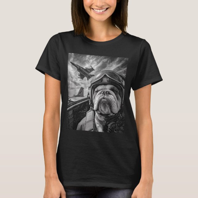 T-shirt Funny English Bulldog Selfie Fighter Jet Lot Aviat (Devant)