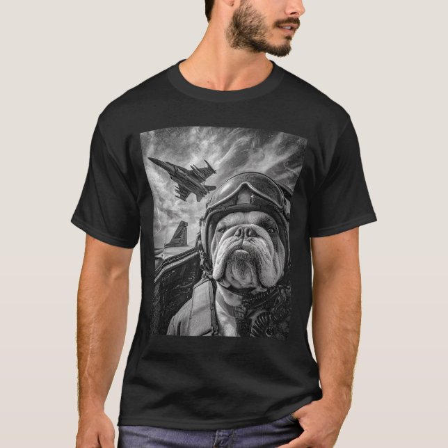 T-shirt Funny English Bulldog Selfie Fighter Jet Lot Aviat (Devant)