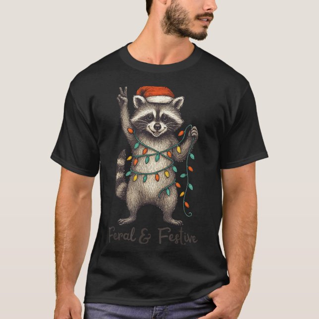 T-shirt Funny Feral And Festive Raccoon Santa Hat Retro Ch (Devant)