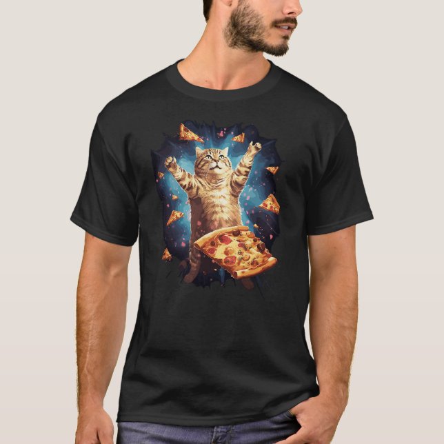 T-shirt Funny Galaxy Cat Space Cat Eats Pizza (Devant)