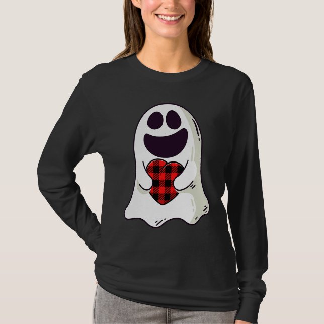 T-shirt Funny Ghost Hugging Red Hearts Plaid buffalo Valen (Devant)