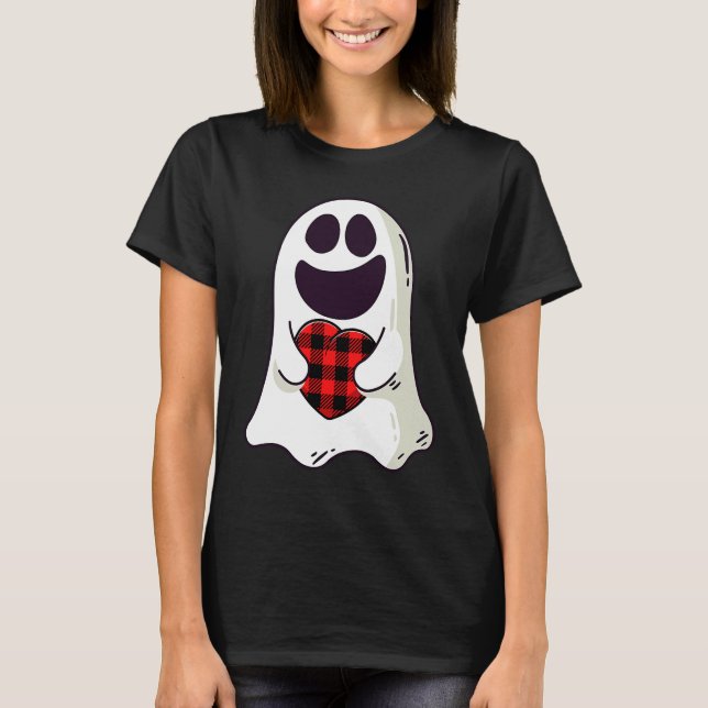 T-shirt Funny Ghost Hugging Red Hearts Plaid buffalo Valen (Devant)