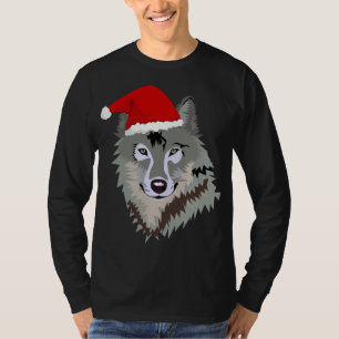 T-shirt Funny Gray Wolf Noël Santa Hat Wolves