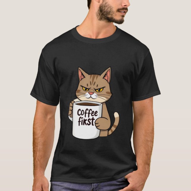 T-shirt Funny Grumpy Tabby Cat Coffee First Morning ✨🐾☕ (Devant)