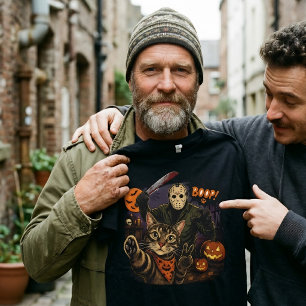 T-shirt Funny Halloween Selfie Cat & Jason Voorhees 