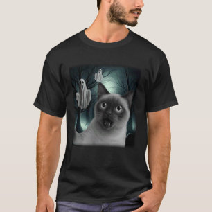 T-shirt Funny Halloween Siamese Cat Selfie avec Fantôme Ef