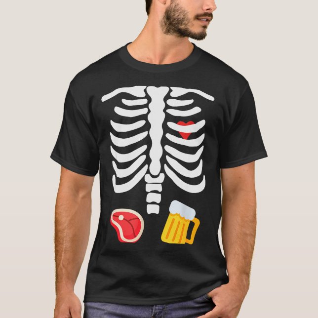 T-shirt Funny Halloween Skeleton Beer &amp; Steak Costume  (Devant)