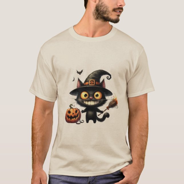 T-shirt Funny Halloween Witch Cat with Magic Broom 🐾🧹 (Devant)