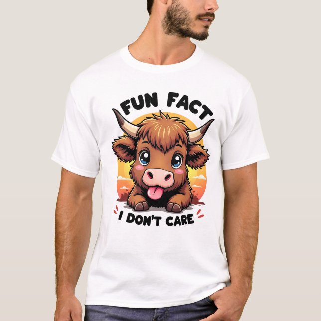T-shirt Funny Highland Cow "Fun Fact : Je m’en fiche" Tee (Devant)