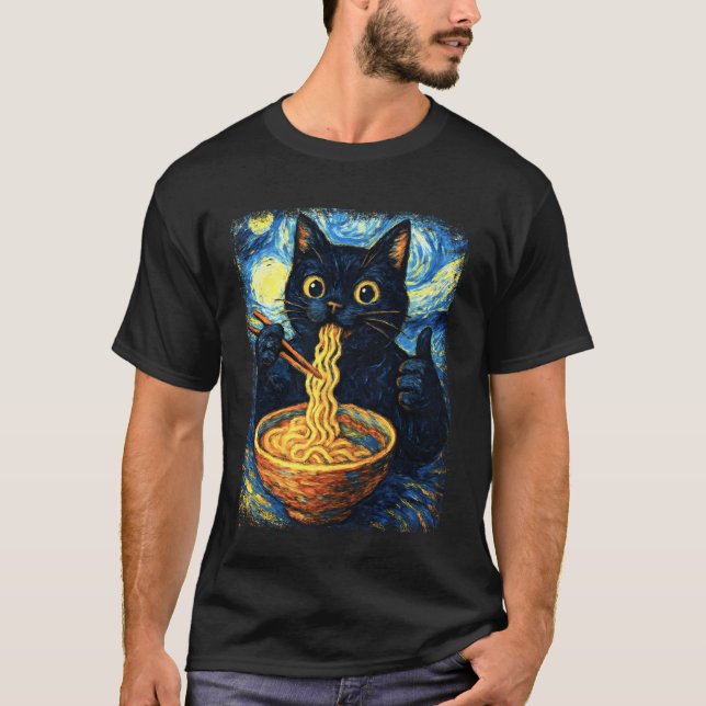 T-shirt Funny Japanese Black Kawaii Cat Kitten Eating Rame (Devant)