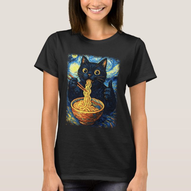T-shirt Funny Japanese Black Kawaii Cat Kitten Eating Rame (Devant)
