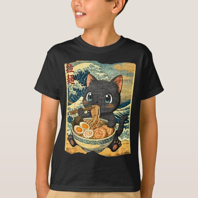 T-shirt Funny Kawaii Black Cat Ramen Noodle Bowl Japanese  (Devant)