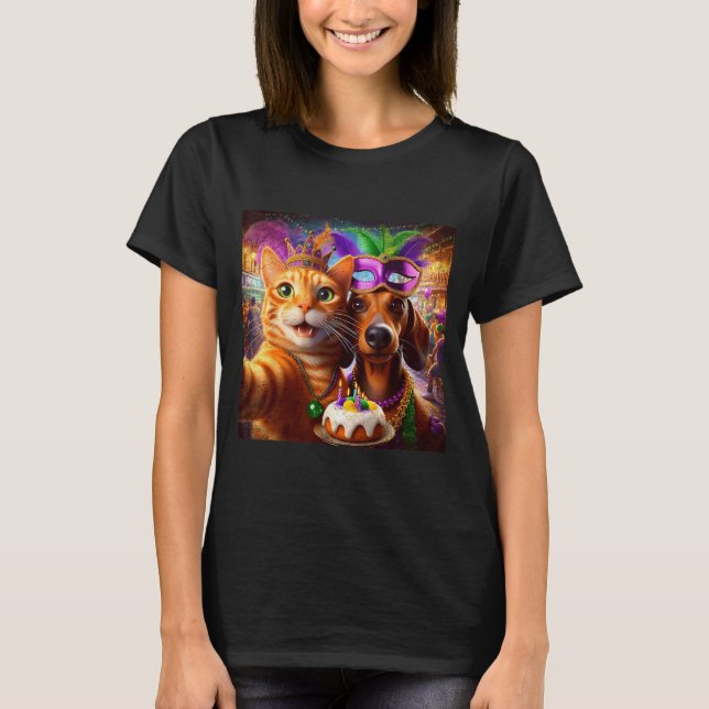 T-shirt Funny Mardi Gras Cat Dachshund Selfie Squad  (Devant)