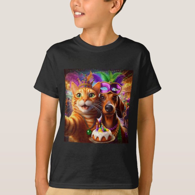 T-shirt Funny Mardi Gras Cat Dachshund Selfie Squad  (Devant)