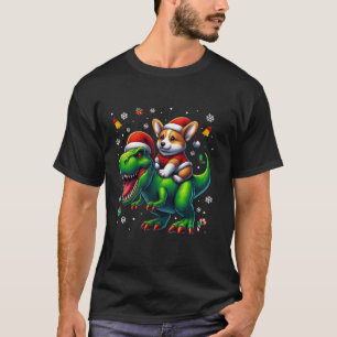 T-shirt Funny Noël Corgi équitation Dinosaur Santa Hat Sn