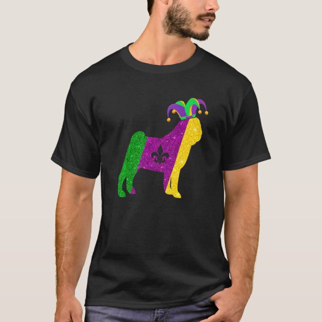 T-shirt Funny Pug Dog Mardi Gras Party Mask Beads Dog Prem (Devant)