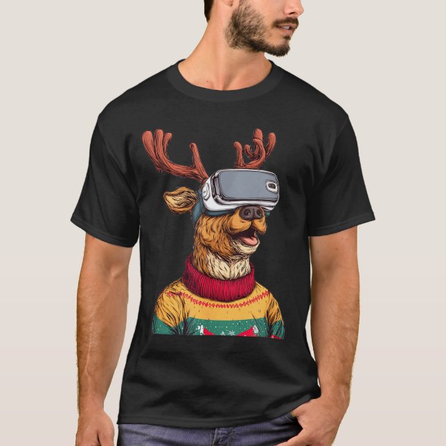 T-shirt Funny Reindeer In Christmas Sweater And Vr Headset (Devant)