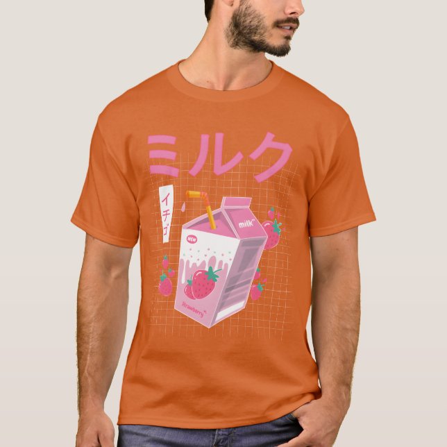 T-shirt Funny Retro Japanese Kawaii Strawberry Milk Shake  (Devant)