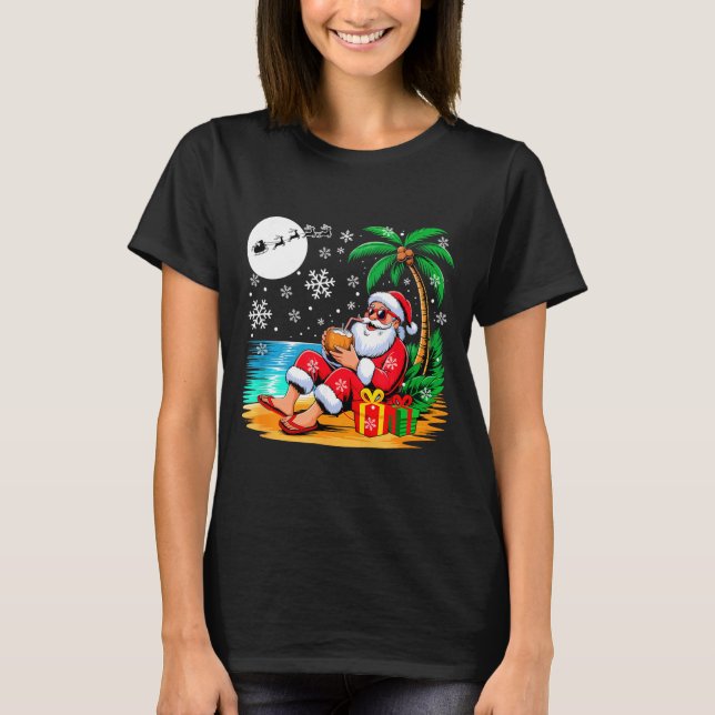 T-shirt Funny Santa Sungles Drinking Coconut On Beach Chri (Devant)