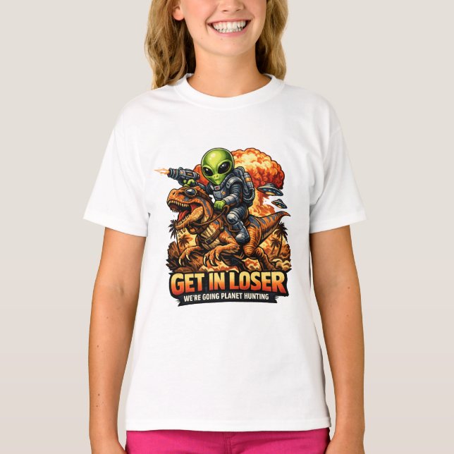 T-shirt Funny Sci-Fi Fantasy Meme Art, Alien Riding Dinosa (Devant)
