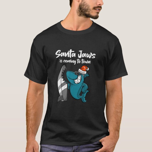 T-shirt Funny Shark Santa Jaws Hat Pajamas PJ Christmas An (Devant)