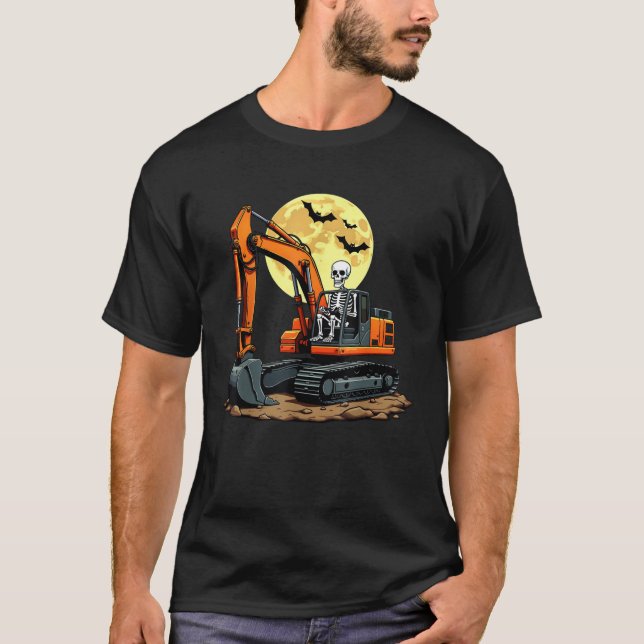 T-shirt Funny Skeleton Driving Excavator Halloween Constru (Devant)