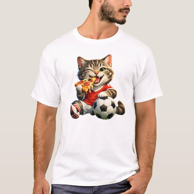 T-shirt Funny Soccer Cat Eating Pizza Cartoon Design (Devant)