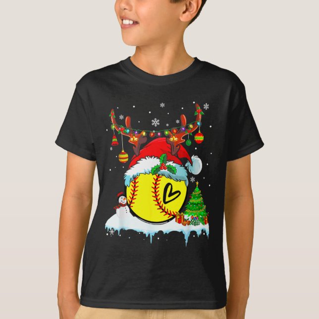 T-shirt Funny Softball Christmas Reindeer Santa Hat Lights (Devant)