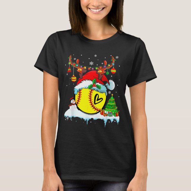 T-shirt Funny Softball Christmas Reindeer Santa Hat Lights (Devant)