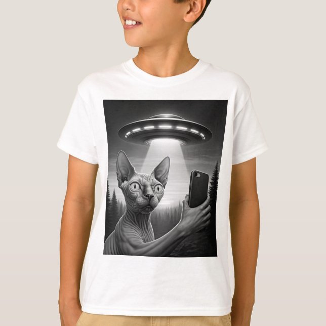 T-shirt Funny Sphynx Chat Selfie Ufo Zone Alien51 Garçon's (Devant)
