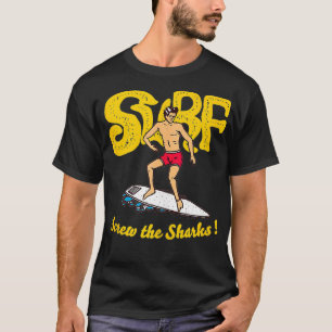 T-shirt Funny Surf avec Sharks Beach Dire Graphic