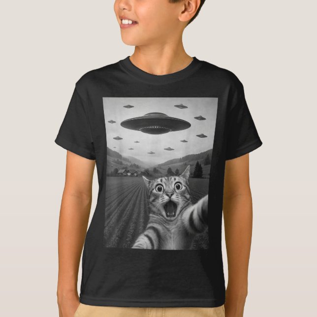T-shirt Funny Surprised Ed Cat Selfie With Alien Ufo Cat U (Devant)