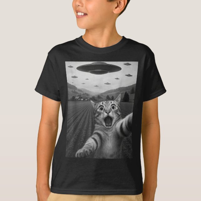 T-shirt Funny Surprised Ed Cat Selfie With Alien Ufo Cat U (Devant)