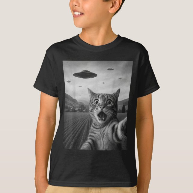 T-shirt Funny Surprised Ed Cat Selfie With Alien Ufo Cat U (Devant)