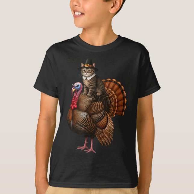 T-shirt Funny Thanksgiving Cat On Turkey, Lgrim Hat Turkey (Devant)