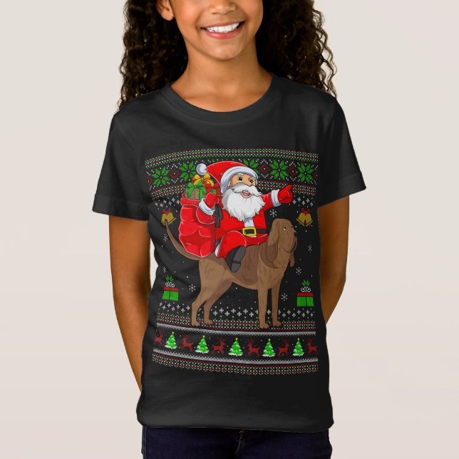 T-Shirt Funny Ugly Xmas Père Noël équitation Bloodhound Ch (Devant)