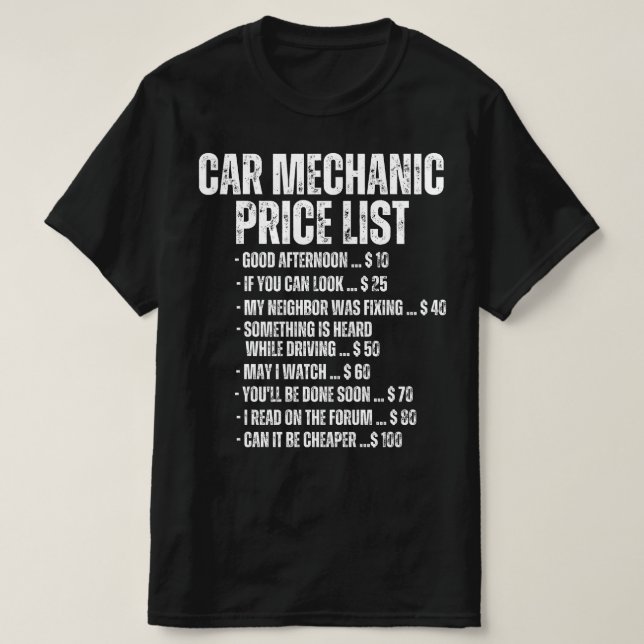 T-shirt Funny Voiture Mécanique Tarification (Design devant)